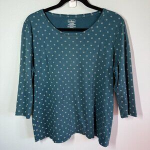 L.L.Bean Womens Supima Cotton Tee XL Green Polka Dot 3/4 Sleeve Casual Everyday